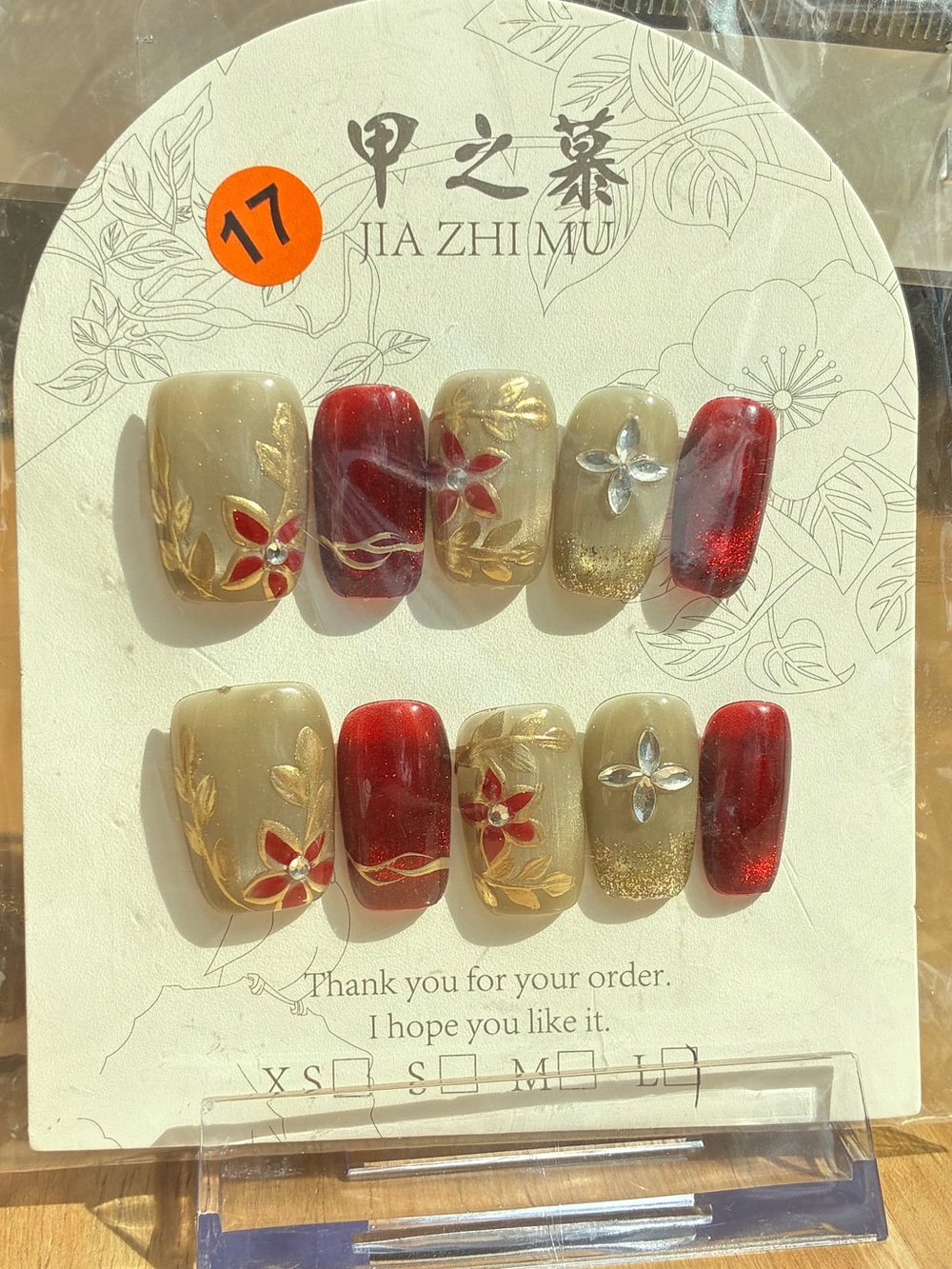 Handcrafted Elegant Crimson & Gold Floral Press-On Nails Set (Size Large)